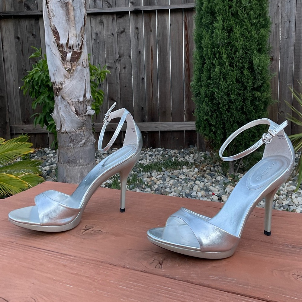 Aldo Silver Stiletto Heels with Ankle Strap